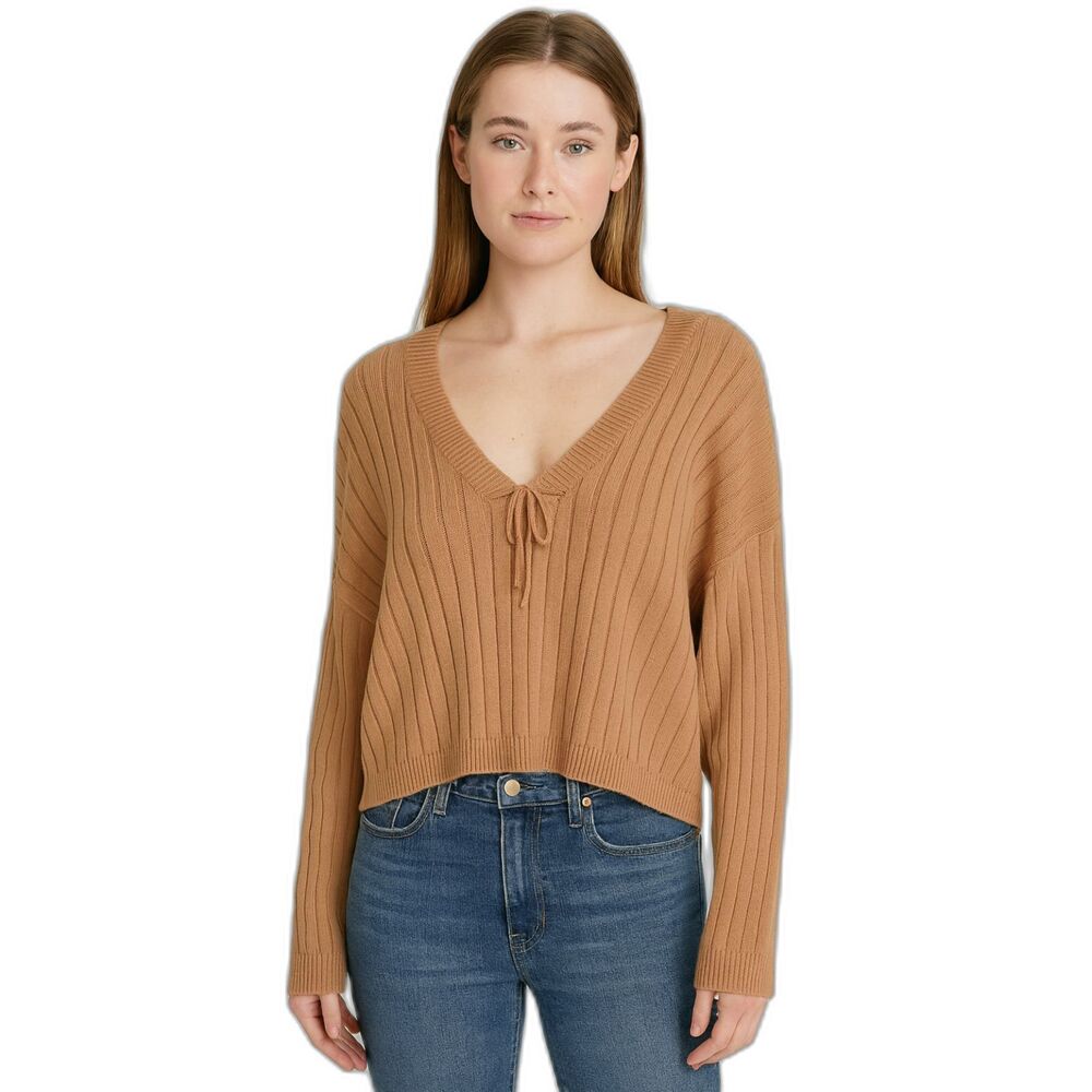 Kendall & Kylie ribbed crop v neck sweater XS NEUTRAL CLASSIC CASUAL